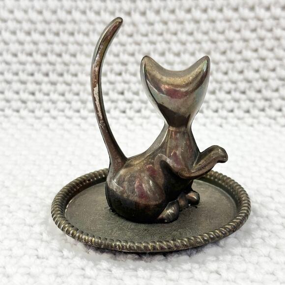 Vintage Hong Kong Silver Plated Marked Big Eyes Creepy MCM Cat Ring Holder - Picture 5 of 5